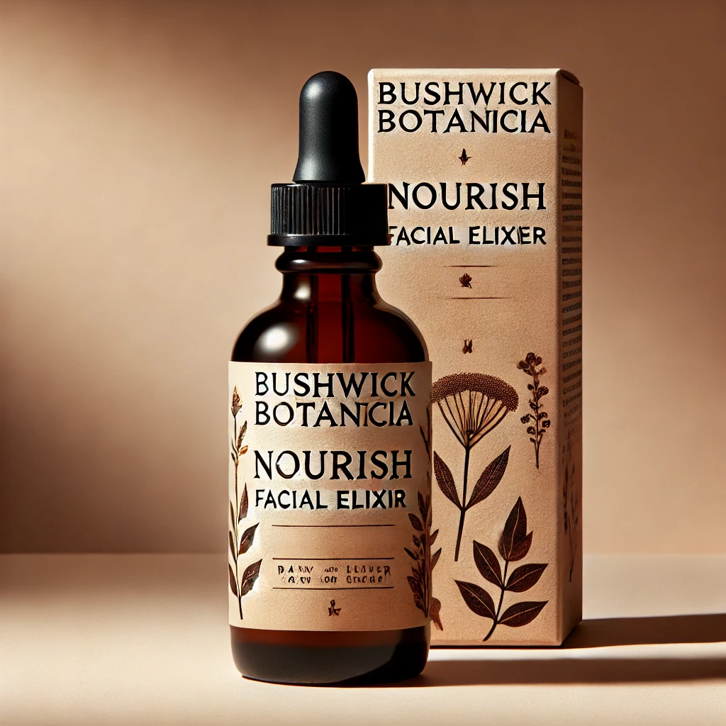 DALL·E 2024-10-30 15.31.58 - A high-quality product photo for Bushwick Botanica’s “Nourish Facial Elixir,” an amber glass dropper bottle with minimalist, nature-inspired packaging