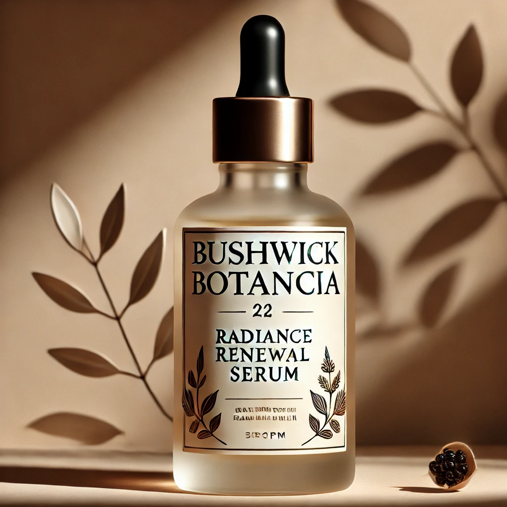 DALL·E 2024-11-01 14.49.01 - A high-quality product photo of Bushwick Botanica's “Radiance Renewal Serum,” featuring a sleek, frosted glass bottle with a dropper. The label uses B