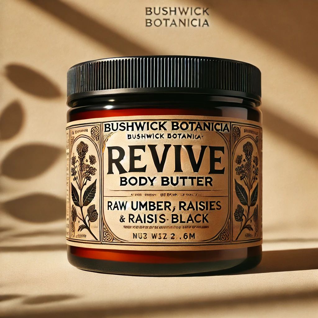 DALL·E 2024-11-01 14.57.22 - A high-quality product photo of Bushwick Botanica's “Revive Body Butter,” displayed in a luxurious amber glass jar with a screw-on lid. The label feat